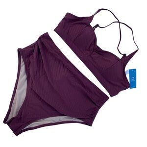 Cupshe Cross Back Top & Shirring Textured 2 Pc Bikini Large plum like co…